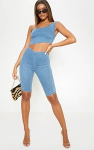 Womens PLT Light Wash Denim Cycling Short Cutout Catsuit - Size 12 NWOT - Picture 1 of 3