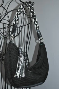 Lina Woven Handbag Purse Shoulder Black & White Knit Tassel Floral Print Liner - Picture 1 of 5