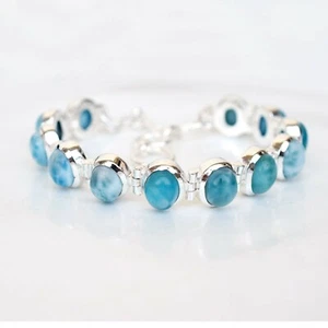 Natural Larimar Bracelet 925 Sterling Silver Blue Larimar Gemstone Bracelet-B016 - Picture 1 of 4