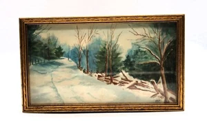 Vtg Art Winter Snow Scene 4x6.5 Signed M.D.T Beautiful Gold Tone Framed w/ Glass - Picture 1 of 7