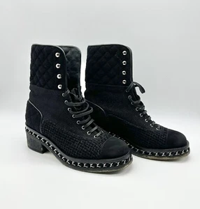 Chanel Combat Black Quilted Tweed Chain Link Sole Boot Size US 6.5 - Picture 1 of 13