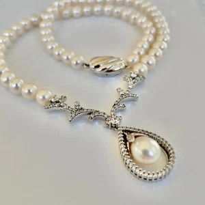 Freshwater Pearl Necklace w/Cubic Zirconia and Pearl Drop Sterling Pendant 17.5" - Picture 1 of 9