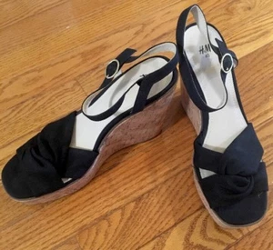 H&M Black Cork Wedges Heels With Knot Detail Size US 8.5 EUR 8.5 - NEW ! - Picture 1 of 8