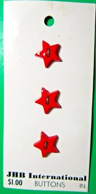 (3) VINTAGE JHB 1/2" 5-POINT STAR SHAPE RED PLASTIC 2-HOLE BUTTONS NOS CARD-W206 - Image 1 of 3
