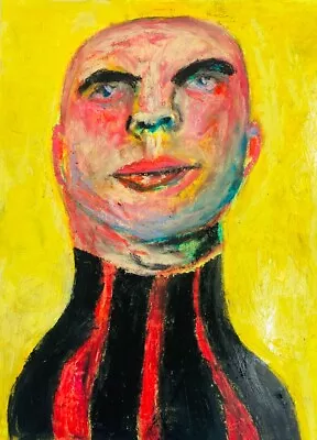 Expressive Original Portrait Painting 9x12 Bald Man Oil Pastels Art Miz Katie - Image 1 of 4