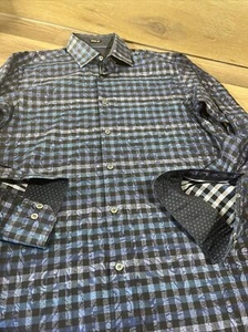 Bugatchi Herren Large Freizeit Hemd mit Knopfleiste Karo Flip Manschette blau kariert Paisley - Bild 1 von 6