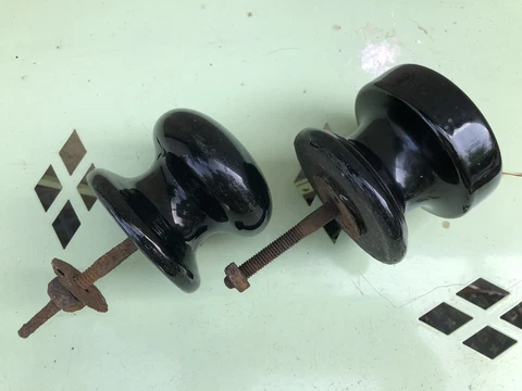 2 PAIRS OF CERAMIC MOTTLED Black DOOR HANDLES - VICTORIAN Large Cover