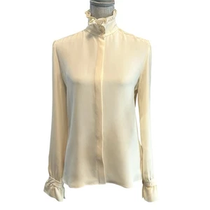 Ralph Lauren Purple Label Silk Blouse Women 8 Cream Button Down High Neck Ruffle - Picture 1 of 20