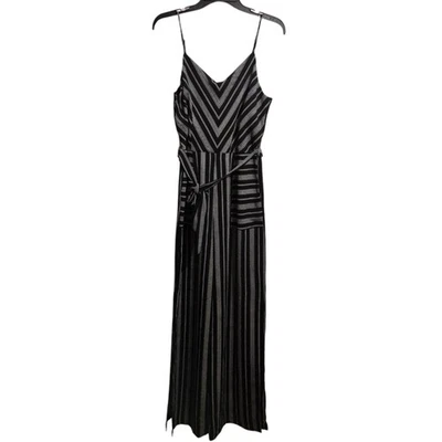 Monteau Women M Gray Black Vertical Stripe V-Neck Spaghetti Strap Jumpsuit Slit - Imagem 1 de 4