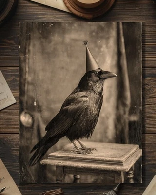Antiguo cuervo victoriano en sombrero de fiesta tarjeta de cumpleaños arte gótico macabro Foto 1 de 4