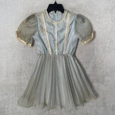 Antique 1940s Woman’s Nylon Dress Blue Dot 2XS Short Sleeve Back Zip - Image 1 of 4