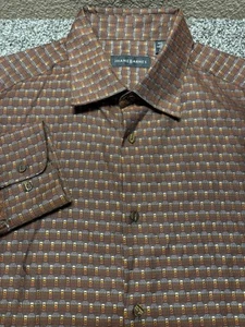 Jhane Barnes Silk Blend Shirt Mens Large Brown Geometric Jacquard - Picture 1 of 11