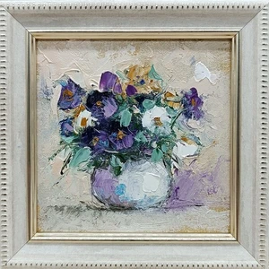 Original oil painting Daisies field flowers artwork Floral colorful pansies 4x4 - Picture 1 of 7