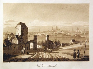 1825 Munich Munich puerta de la ciudad Baviera vista sepia aguatinta aguatinta - Imagen 1 de 1