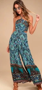 Free People Maribelle Cut-Out Jumpsuit Size L Blue Bohemian Paisley Halter Neck - Picture 1 of 12