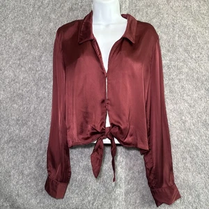 Aritzia Wilfred Tie Front Blouse Burgundy Wine Satin Sz Med Cropped Button-Down - Picture 1 of 7