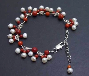 5-6mm Round Natural White Pearl Bracelet for Women with Red Coral Bracelet 7-9'' - Picture 1 of 5