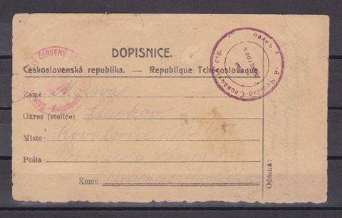 CZECHOSLOVAK LEGION POST in Siberia 1919, Used card Ishim to Moravia, Red Cross Cover