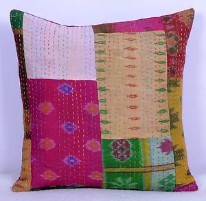 Indian Cushion cover Handmade Patchwork Pillow Case Silk Hand Kantha stitch 16" - Picture 1 of 4