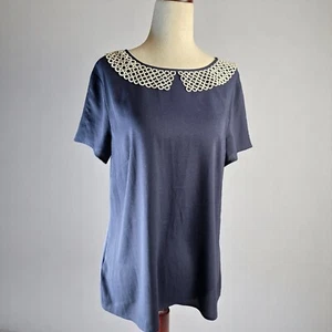 Ann Taylor Blouse Womens Size 6 NWT Navy Blue Top Peter Pan Circle Lace Collar - Picture 1 of 15