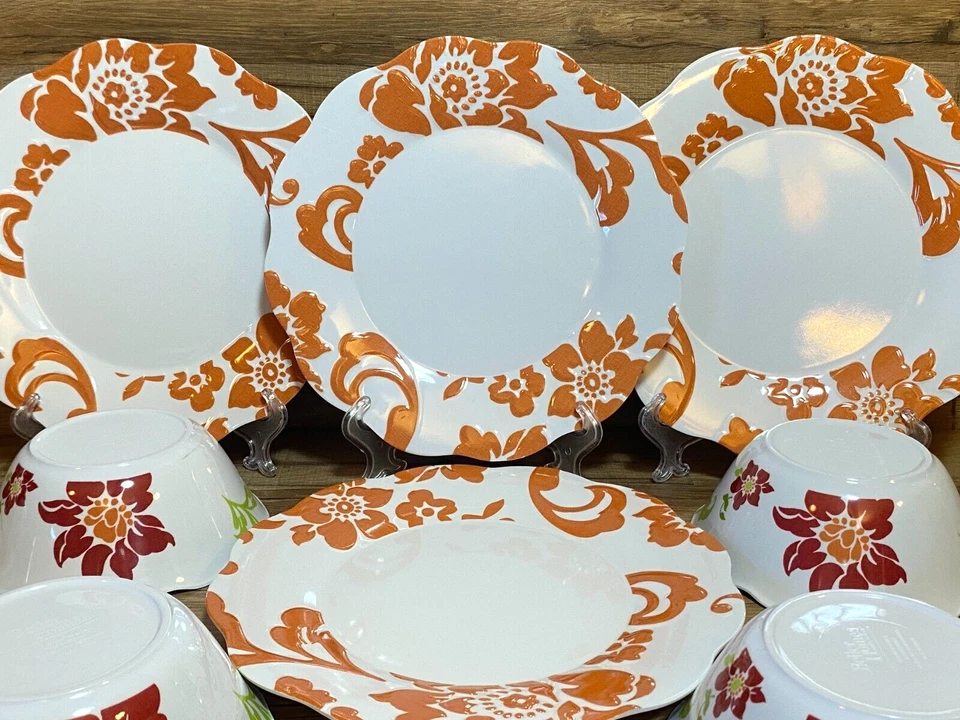 8 PC - BETTER HOMES & GARDENS MELAMINE PLATES & BOWLS FLORAL CITRUS BLOSSOM - Image 1 of 3
