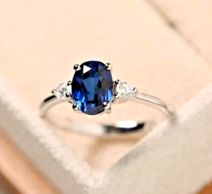 1.80 Carat Blue Sapphire & Lab Created Diamond Ring Oval Cut 14K White Gold - Picture 1 of 6