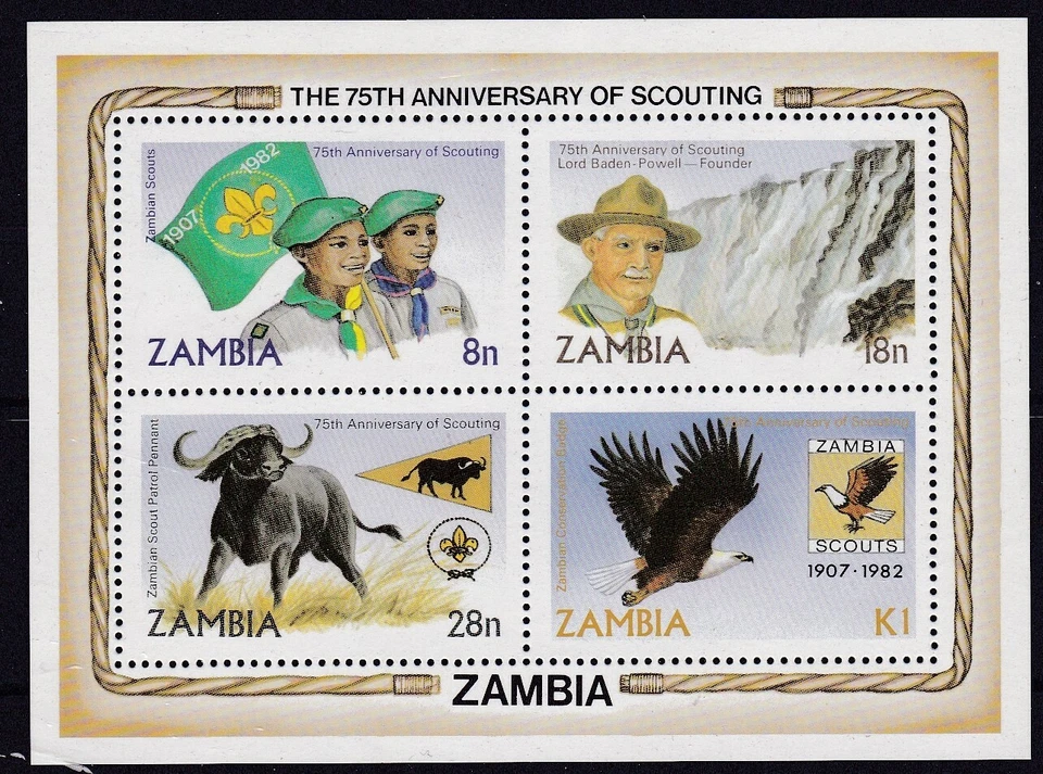 ZAMBIA #271a MNH 75th ANNIV. OF SCOUTING: BADEN-POWELL, HORNED BUFFALO & EAGLE - Image 1 of 1
