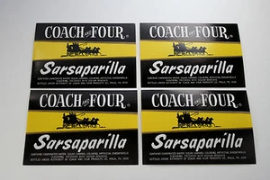 Set of 4 Coach & Four Sarsaparilla Soda Soft Drink Bottle Label NOS 1960s - Picture 1 of 1