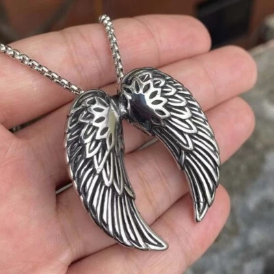 Silver Saint Michael Angel Wing Feather Pendant Necklace Chain Men's Jewelry - Image 1 of 4