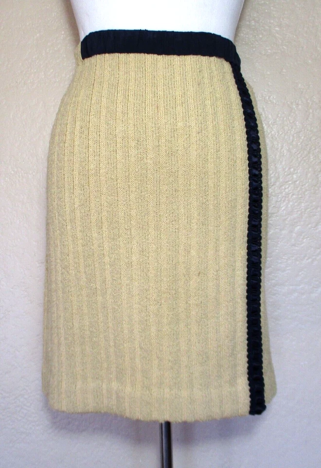 Vintage Adolfo Saks Fifth Avenue Knit Skirt XS/S Women Tan Knit Black Trim - Image 1 of 4