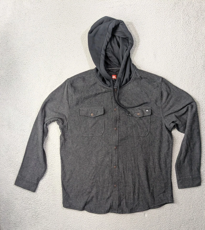 Quiksilver Flannel Hoodie Mens Large Hooded Shirt Jacket Shacket Blackish Gray - Image 1 of 4