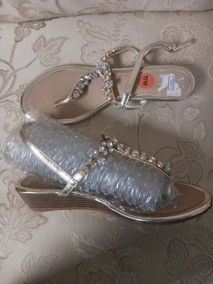 Rhinestone Sandals Golden Jewels 2" Wedge Heel Size 11 W - Image 1 of 4