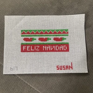 Feliz Navidad Handpainted Needlepoint Canvas Small Sign Chili Peppers 617 Susan - Picture 1 of 7