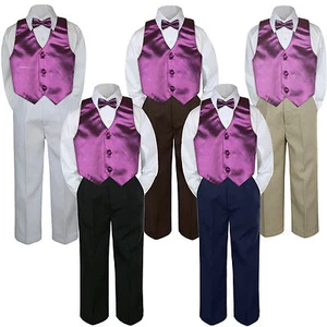 4pc Boy Baby Toddler Kid Eggplant Plum Vest Bow Tie Formal Pants Set Suit S-20 - Picture 1 of 7