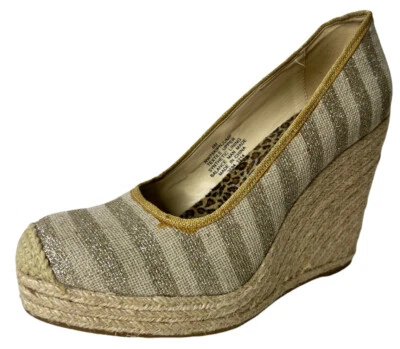 Nine West SkipNJump Linen Wedge Espadrille Size 8M Beige Silver Metallic Stripe - Image 1 of 4