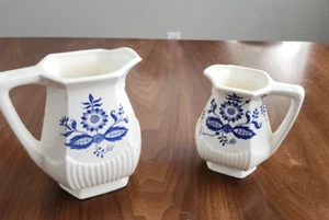 Delft Style Blue White Pottery Vase Pitcher Set Of Two Pieces Floral Design - Picture 1 of 8