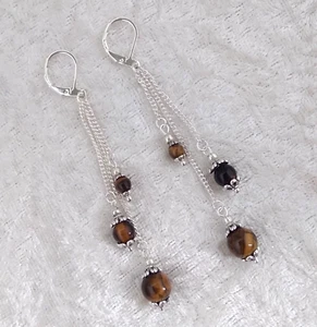 Tigers Eye Bead , 7cm Long, 925 Silver Leverback Earrings. Handmade In Gift Bag - Picture 1 of 4