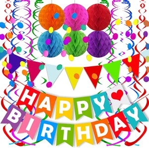 Colorful Happy Birthday Banner Paper Triangle Flag Bunting Circle Confetti Dots - Picture 1 of 7
