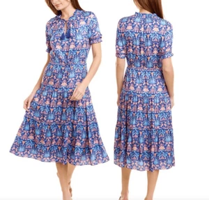 J. Mclaughlin Chessie Silk-Blend A-Line Tiered Skirt Print Dress Women’s Size S - Picture 1 of 9
