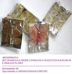 Conf. 2 farfalle medie con perline e pailettes con molletta decorazione natale