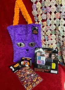 NWT Halloween Girl Bundle Furry Cat Treat Bag Glitter Make Up Stickers Glow Neck - Picture 1 of 4