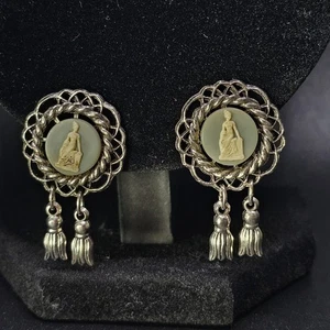 Vintage Silber blaue Kamee Clip Ohrringe mit Hängen - Bild 1 von 4
