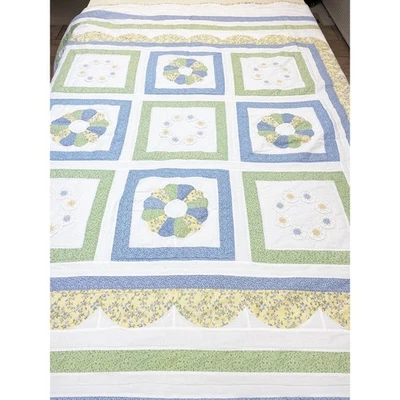 Handmade Full Size Blue Yellow Green Floral Quilt Scallop Doily Reversible - Image 1 of 4