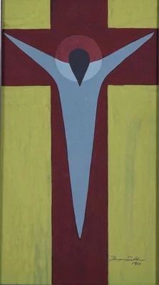 Pintura acrílica abstracta 1966 "Crucifijo 1" sobre papel, arte vintage de mediados de siglo Foto 1 de 4