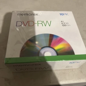 NEW Memorex DVD+RW 10 Pack Blank Discs + Jewel Cases 4X 4.7GB 120 Min ReWritable - Picture 1 of 2