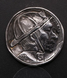 # 11 - Helmet Full of Smoke - Ash-Covered Firefighter - Hand Carved Hobo Nickel - Picture 1 of 3