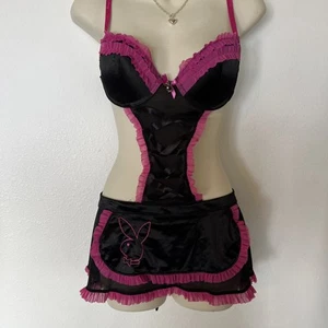 Playboy SILKY Pink Apron French Maid Lace Costume LingerieOutfit Small 34B 34C - Picture 1 of 12