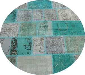 Green Handmade Turkish Area Rug 5x5 Distressed Modern Patchwork Round Carpet - Picture 1 of 6