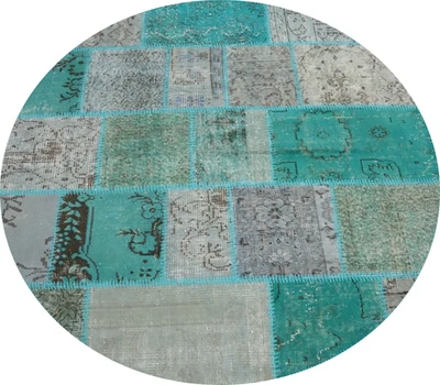 Green Handmade Turkish Area Rug 5x5 Distressed Modern Patchwork Round Carpet - Image 1 of 4