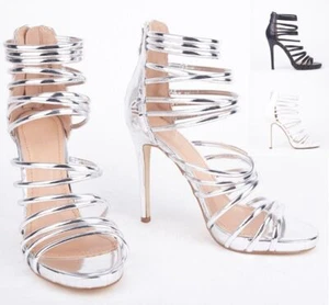 SEÑORAS MUJERES TACÓN ALTO MINI PLATAFORMA TIRAS PEEP TOE FIESTA SANDALIAS ZAPATOS TALLA - Imagen 1 de 25